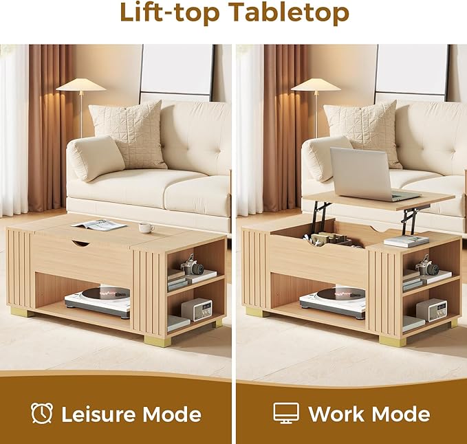COMHOMA Lift Top Coffee Tables for Living Room, 39" Center Table with Hidden Storage Compartment, Adjustable Wooden Tea Table for Small Spaces, Natural Oak