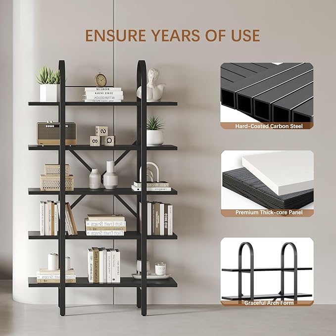 Wide Bookshelf Arched Bookcase, Industrial 5 Tier Open Book Shelves with Metal Frame, 72" Tall Freestanding Heavy Duty Display Rack for Home Office, Living Room,Black,Easy Assembly