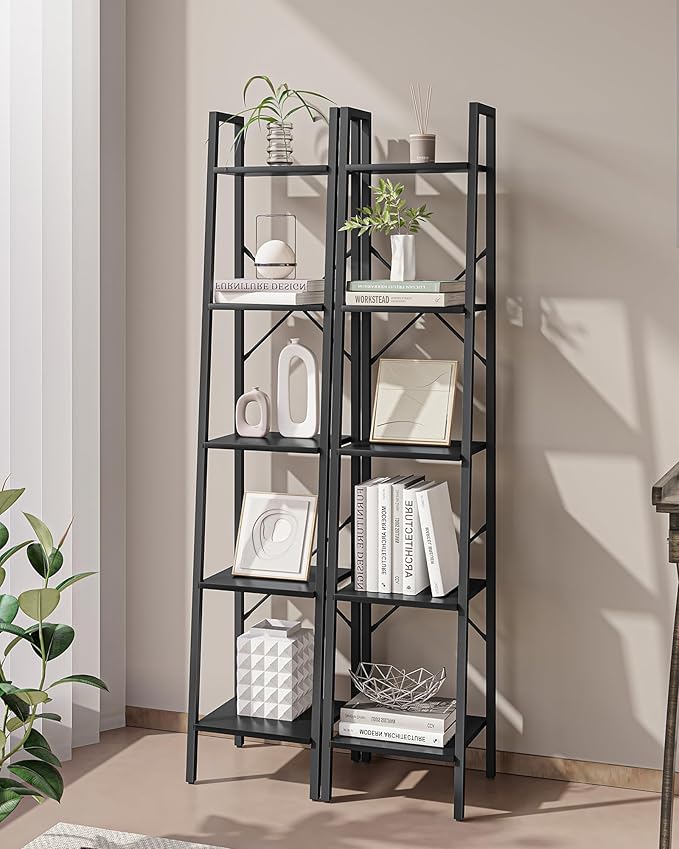 Ladder Shelf, Bookshelf Bookcase, Freestanding Corner Storage Shelve with 2 Hooks for Home Office, Living Room, Kitchen, Bedroom, Industrial, 5-Tier Black BC03204B