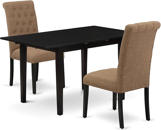 East West Furniture NOBR3-BLK-17 3 Piece Dining Room Table Set Contains a Rectangle Kitchen Table with Butterfly Leaf and 2 Light Sable Linen Fabric Parson Chairs, 32x54 Inch, Black