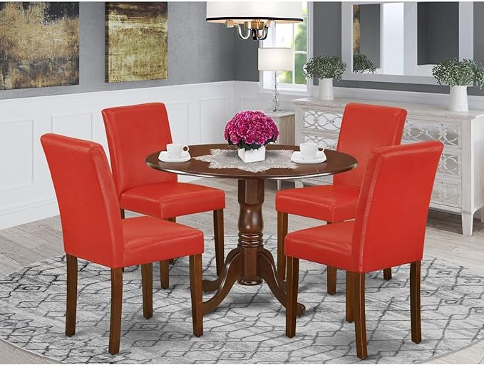 East West Furniture DLAB5-MAH-72 5 Piece Dinette Set for 4 Includes a Round Dining Table with Dropleaf and 4 Firebrick Red Faux Leather Parson Dining Room Chairs, 42x42 Inch, Mahogany