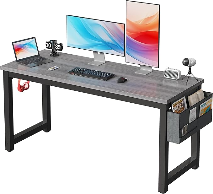 Large Computer Desk - 63 Inch Home Office Desks Study Student Writing Table Gaming Desk Wood Modern Simple Table with Storage Bag & Headphone Hooks, Grey