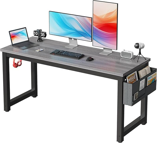 Large Computer Desk - 63 Inch Home Office Desks Study Student Writing Table Gaming Desk Wood Modern Simple Table with Storage Bag & Headphone Hooks, Grey