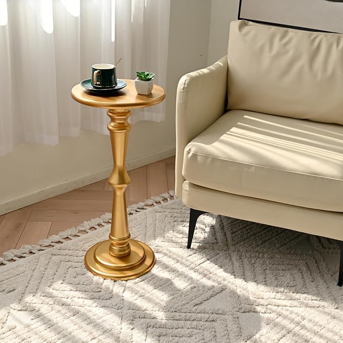 SwallowLiving Small Round Side Table, Tall End Tables Living Room, Narrow Night Stand for Small Spaces, Sofa Couch, Bedroom & Office, Modern Wooden Beside Table Home Decor (Gold, 12" x 25")