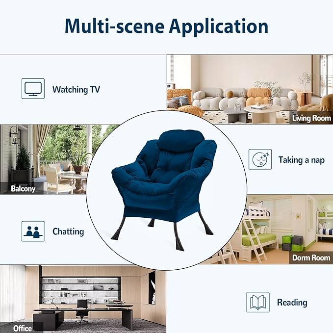 Lazy Chair Thick Padded, Comfy Velvet Accent Lounge Chair with Stable Frame, Leisure Sofa Armchair with Armrests and Side Pocket, Reading Chair for Bedroom, Living Room, Office, Blue