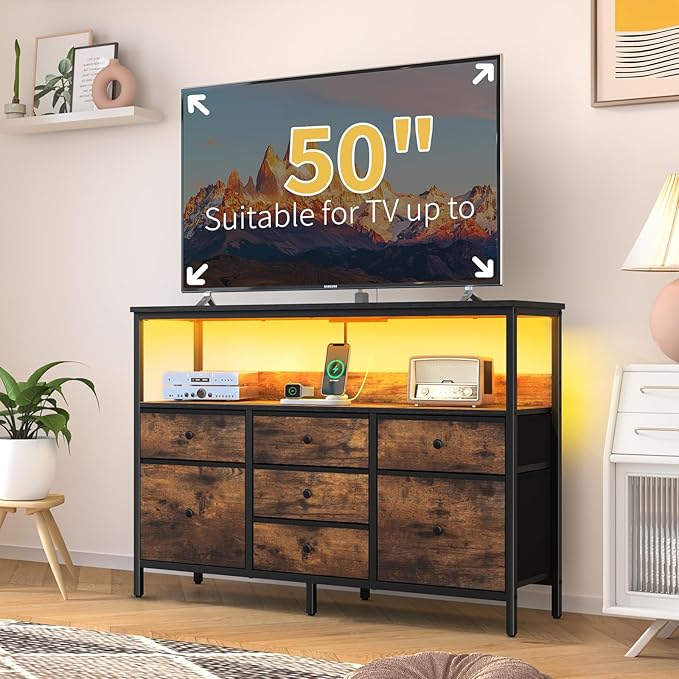 Yoobure LED TV Stand for Bedroom, 50 Inch Kids Dresser With Power Outlets, 7 Drawers Entertainment Center With Storage Shelf, Living Room Console