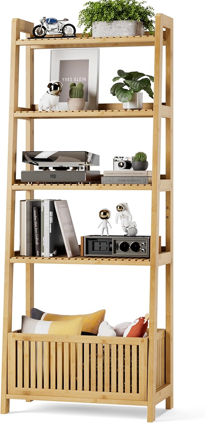 Bamjoy Bamboo Ladder Shelf, Bookshelf with 4 Display Shelves and 1 Open Storage Basket, Multifunctional Storage Rack Organizer for Home Office, Bedroom, Living Room, 66” H Natural
