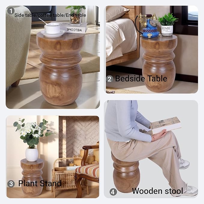 Handcrafted Tree Stump Accent Table 15.75" H Small Solid Paulownia Wood Stool/Side Table, Unique Rustic Farmhouse Decor, Ideal for Patio, Balcony, Bedroom