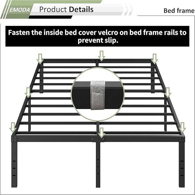 EMODA 18 Inch King Bed Frame with White Fabric Cover, Heavy Duty Metal King Platform Bed Frame No Box Spring Needed, Noise Free, Easy Assembly