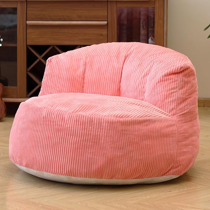 N&V Large Crescent Bean Bag Chair, Adult Size Bean Bag Sack, Foam Filling, Soft Premium Corduroy Bean Bag for Living Room Bedroom Dorm and Office (Salmon)
