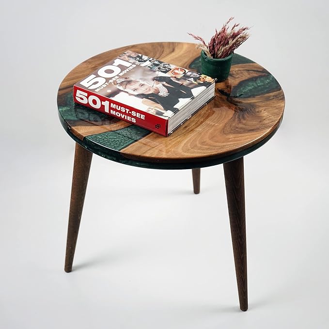 20" Resin Walnut Round Side Table | Epoxy End Table | Coffee Table | Mid Century Modern Resin Walnut | Living Room Furniture | Green Color