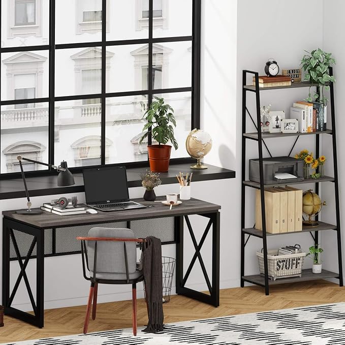 BON AUGURE 5-Tier Ladder Shelf, Industrial Leaning Bookcase, Wood and Metal Ladder Bookshelf for Living Room, Bedroom, Kitchen, Home Office (Grey Oak)