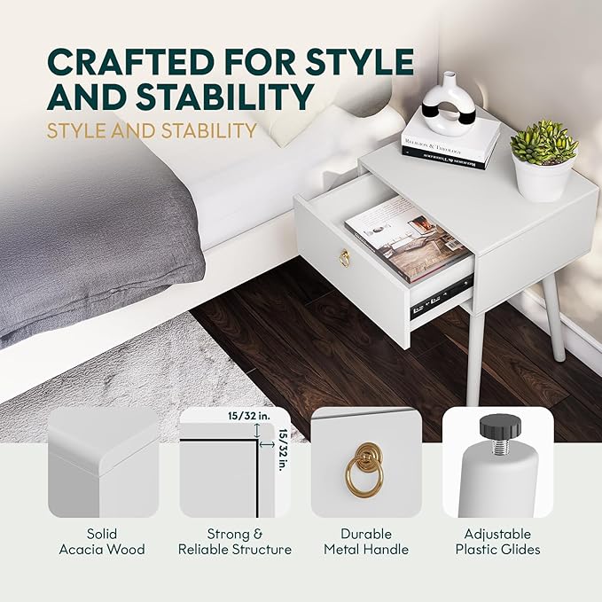 Bme Alden Wood Nightstand, Solid Wood End Table, Mid Century Modern Nightstand, Side Table with 1 Drawer, Compact for Bedroom, Living Room & Study Room, Easy Assembly, Ivory White