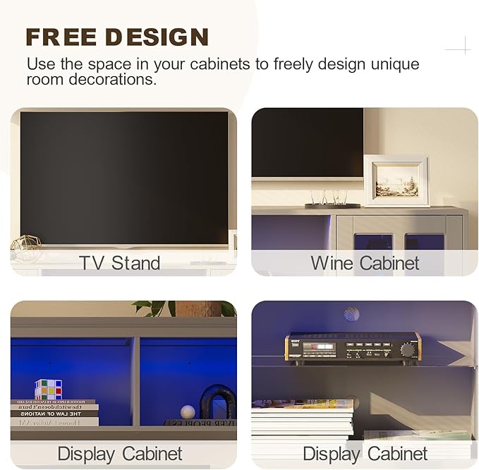 4-Piece Wall Unit TV Stand with Storage & LED Lights for TVs up to 75", Modern Entertainment Center with Bookshelves & 6-Door Pantry Cabinet, Gray