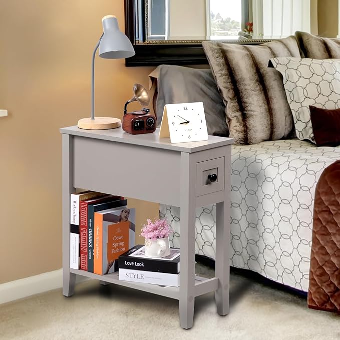 Gery 2 Pack Chairside Narrow End Table with Drawer, Solid Recliner Side Table with Storage Shelf, Slim Nightstand Bedside Table for Bedroom