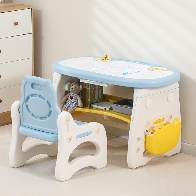 Kids Table and Chair Set The Table Can Be Graffiti and The Height Can Be Raised and Lowered for Children Age 2-10 The Order Includes Watercolor Pen and Blackboard Eraser