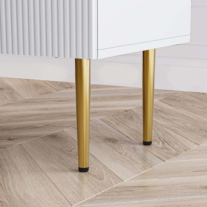 White Nightstand for Bedroom, Fluted Night Stand Set of 2, Mid Century Modern Bedside Table with Gold Metal Legs