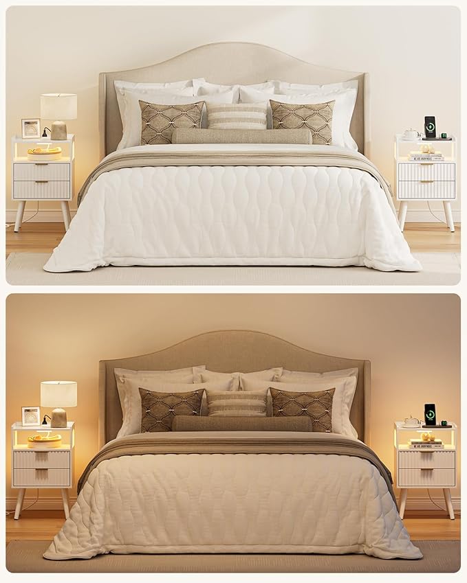 Nightstand with Charging Station and LED Lights,Modern Bedside Table with 2Drawer and Open Shelf,White Night Stand with Solid Wood Legs,End Table for Living Room、Bedroom and Small Spaces