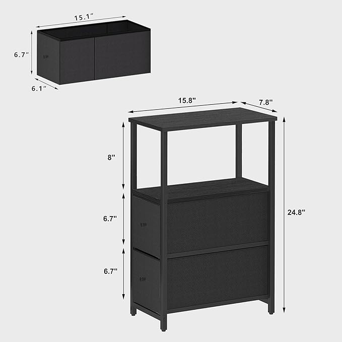 TUTOTAK Small Narrow End Table, Set of 2, Side Table, Nightstand with 2 Cloth Drawers, Couch Table, for Living Room, Bedroom, Bedside, Black TB01BK054