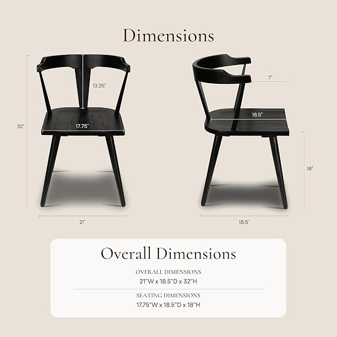 POLY & BARK Mid Century Modern Enzo Black Dining Chair – Solid Oak Wood Splat Back Chair, 18" Seat Height, 32" Tall – Stylish MCM Kitchen & Dining Room Chair