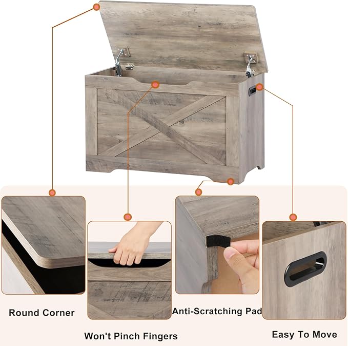 Storage Chest, Wooden Storage Bench, Entryway Shoes Bench with 2 Safety Hinges, Retro Storage Trunk for Living Room,Bedroom, 15.7 x 31.5 x 18.9 Inches, Grey