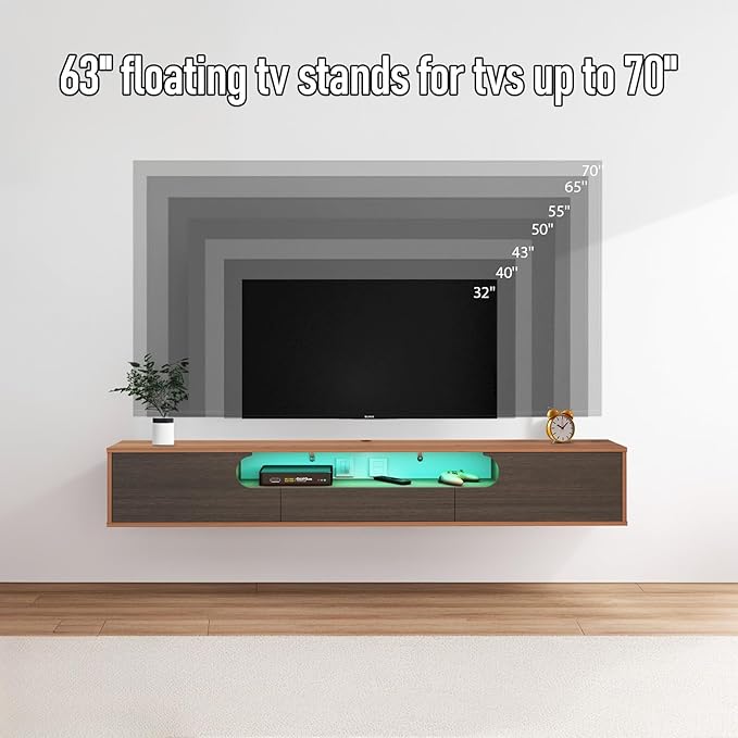 Pmnianhua Floating TV Stand with LED Lights,63'' Wall Mounted TV Cabinet Floating Under TV Shelf Media Console Entertainment Center with Storage Living Room Playroom Bedroom(Walnut)