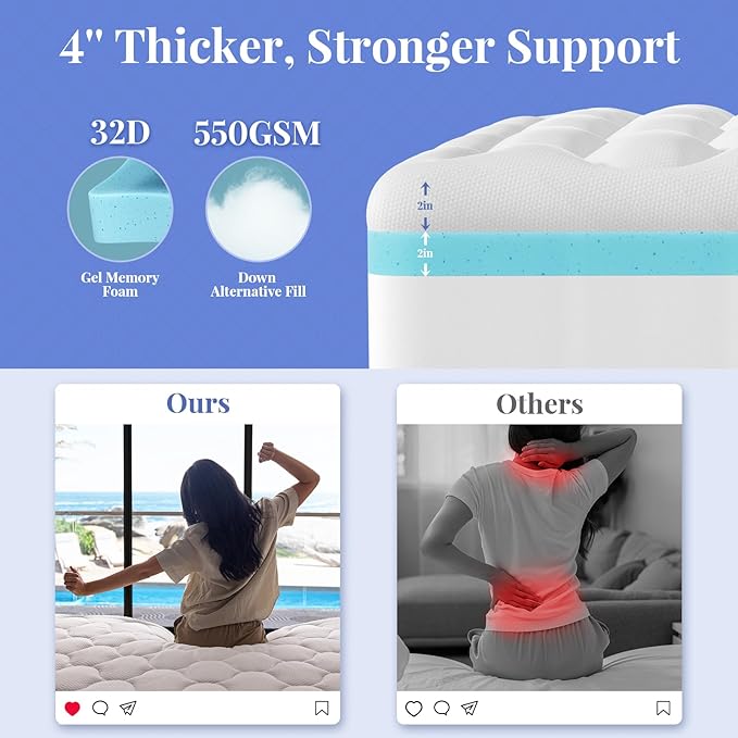 OhGeni Cooling 4 inch Dual Layer Full Mattress Topper, 2 inch Cooling Gel Memory Foam, 2 inch Down Alternative Pillow Top Pad, Mattresses Cover for Bed, Medium Support, Fits 6”-19” Deep Pocket