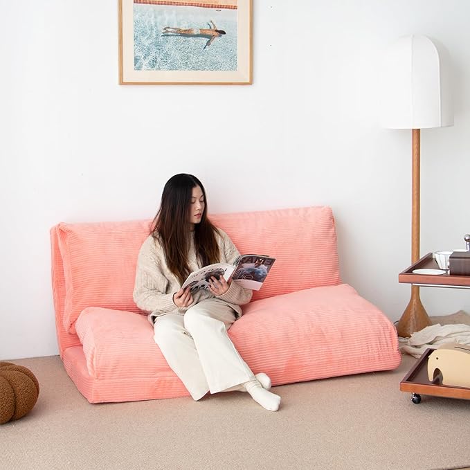 N&V L92×W58 Inch Large Folding Matress Sofa Bean Bag, Foam Filling Folding Matress Sofa, Includes Removable and Machine Washable Cover, Patent No.: US D1,018,079 S (Salmon Pink, Large Corduoy), 94024
