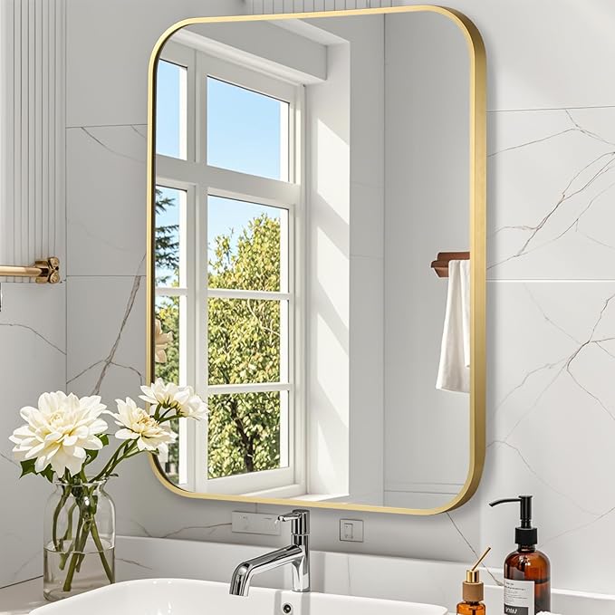 Brushed Gold Mirror, 22"x30" Rectangle Bathroom Mirror, Metal Frame Rectangle Corner Vanity Mirror, Wall Mounted Mirror for Modern, Living Room, Bedroom, Horizontal Or Vertical