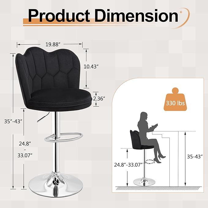 VECELO Bar Stools Set of 4, Adjustable Barstools with Back, Velvet Armless Counter Height Stool Kitchen Island Stool Swivel Bar Chairs for Pub Dining Room Living Room, Black