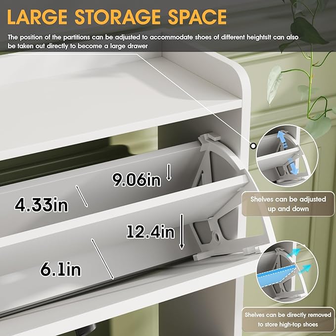 Maupvit Shoe Cabinet with 2 Flip Drawers, Freestanding Shoe Cabinet Organizer with Metal Legs, Shoes Storage Cabinet for Entryway, Narrow Shoe Rack Cabinet, White