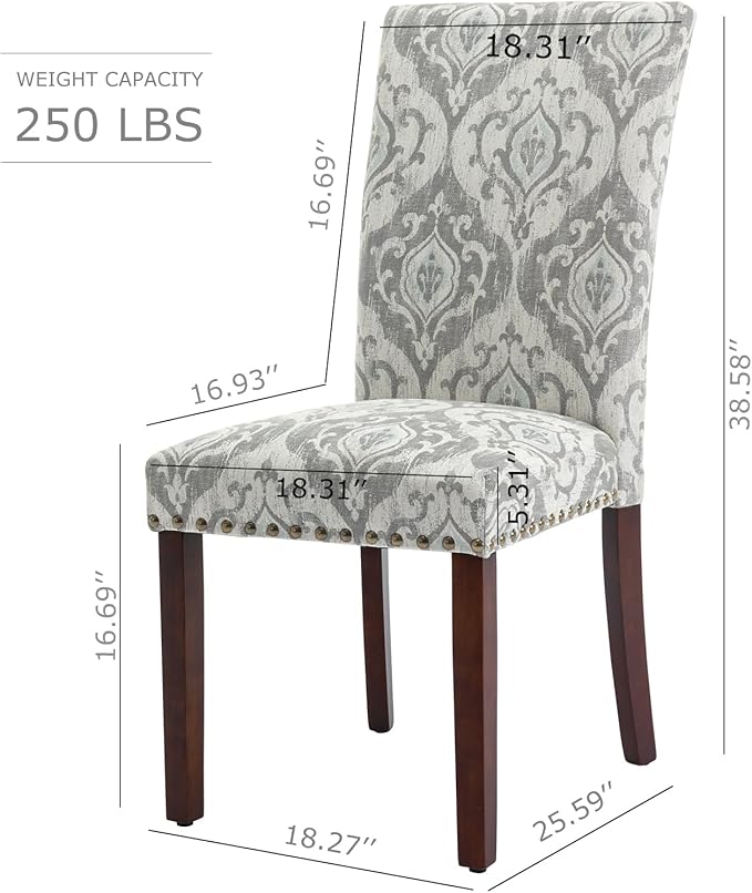 COLAMY Upholstered Parsons Dining Chairs Set of 2, Fabric Dining Room Kitchen Side Chair with Nailhead Trim and Wood Legs - Grey/White Flower