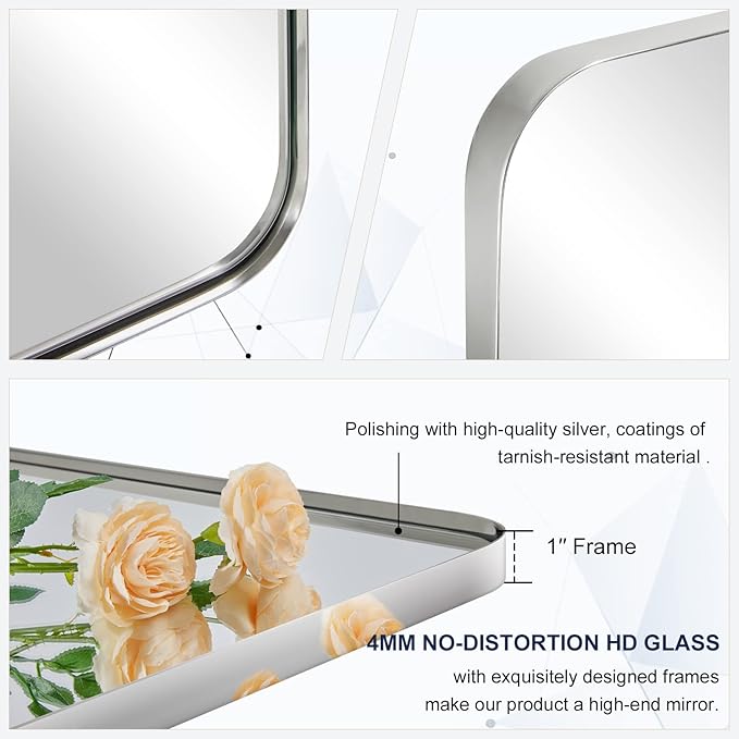 ANDY STAR 36"x48"Chrome Bathroom Mirror, Large Wall Mirror for Bathroom, Rounded Rectangle Mirror in Premium Stainless Steel Metal Frame Hangs Horizontal Or Vertical…