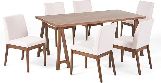 Christopher Knight Home Benson Mid-Century Modern 7 Piece Dining Set, Light Beige and Walnut