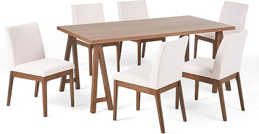 Christopher Knight Home Benson Mid-Century Modern 7 Piece Dining Set, Light Beige and Walnut