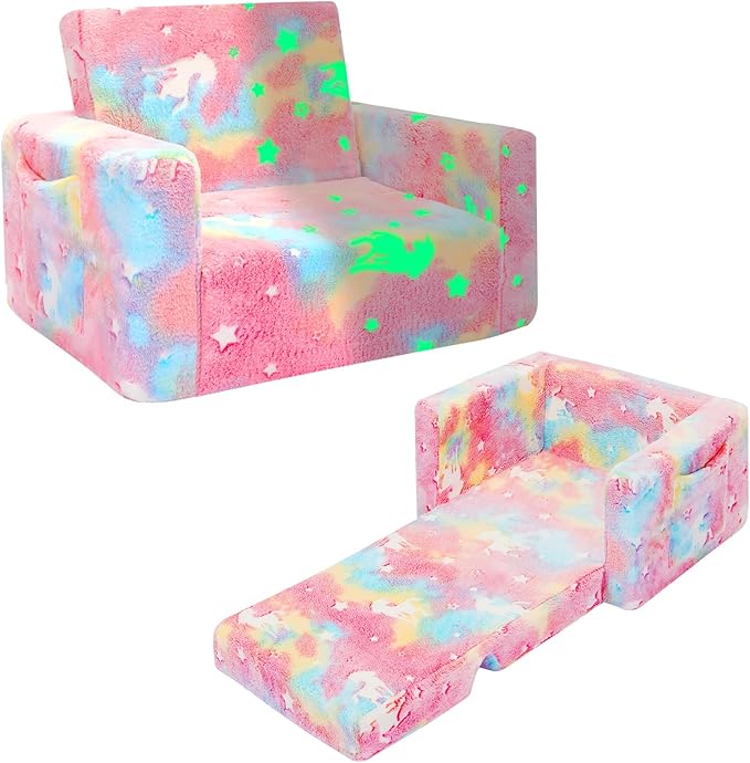 SLIGUY Kids Couch, Toddler Chair, Fold Out Kids Sofa Chair, Convertible Sofa to Lounger Pull Out Couch, Glow in Dark Sofa Chair Birthday Gifts for Boys and Girls (Pink)