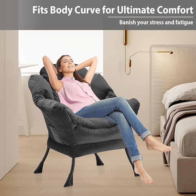 Lazy Chair Thick Padded, Comfy Velvet Accent Lounge Chair with Stable Frame, Leisure Sofa Armchair with Armrests and Side Pocket, Reading Chair for Bedroom, Living Room, Office, Charcoal