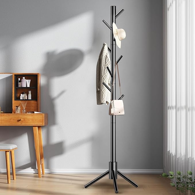 Wooden Coat Rack Stand, Freestanding Coat Rack with 8 Hooks, 3 Adjustable Size Coat Tree for Hats, Coats, Scarves bags, Coat Hanger Stand Used in Bedroom/Office/Entryway (Black)