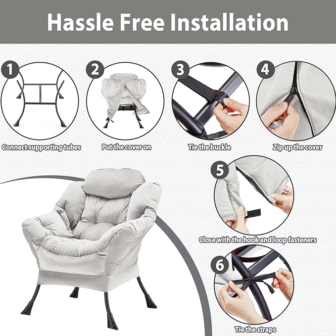 Lazy Chair Thick Padded, Comfy Velvet Accent Lounge Chair with Stable Frame, Leisure Sofa Armchair with Armrests and Side Pocket, Reading Chair for Bedroom, Living Room, Office, Light Gray