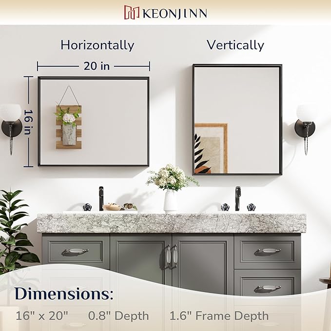Keonjinn Black Bathroom Mirror 16 x 20 Inch Metal Framed Matte Black Mirror, Rectangular Wall Mount Mirror Square Corner Modern Farmhouse Bathroom Vanity Mirror for Over Sink(Horizontal/Vertical)