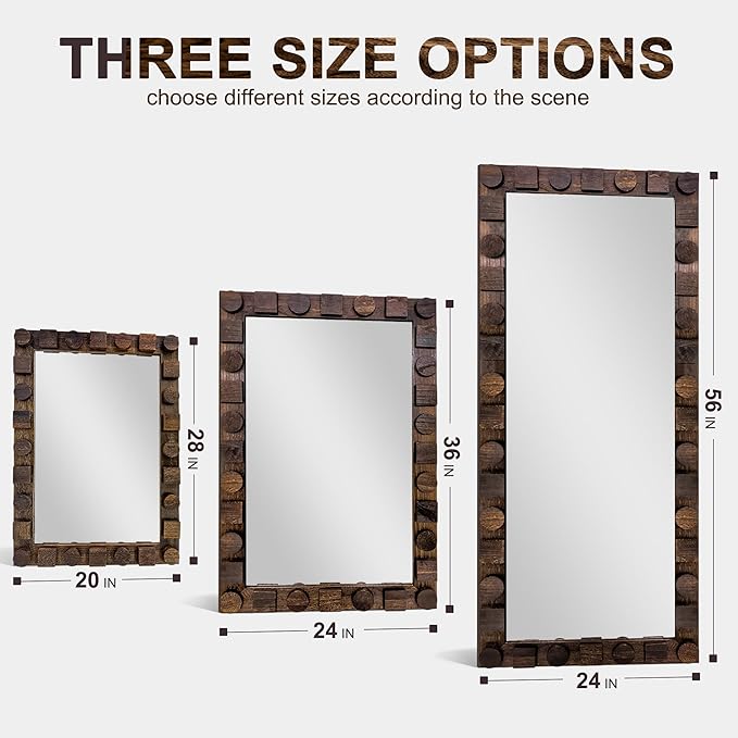 36x24 Inch Handcrafted Solid Wood Square Wall Mirror with Geometric Wood Inlay Design, Rustic Natural Texture for Bathroom, Bedroom, Living Room Decor