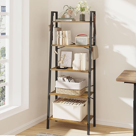 Ladder Shelf, Bookshelf Bookcase, Freestanding Corner Storage Shelve with 2 Hooks for Home Office, Living Room, Kitchen, Bedroom, Industrial, 5-Tier Rustic Brown BC19301B