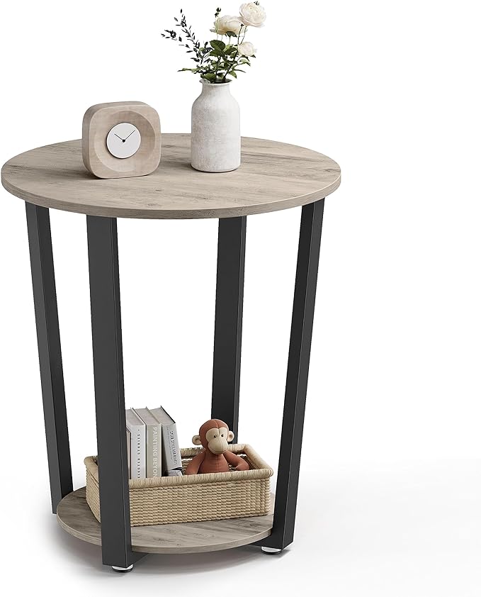 VASAGLE End Table, Round Side Table with Storage Shelf, Easy Assembly, Industrial Accent Furniture with Steel Frame, Heather Greige and Black ULET057B02