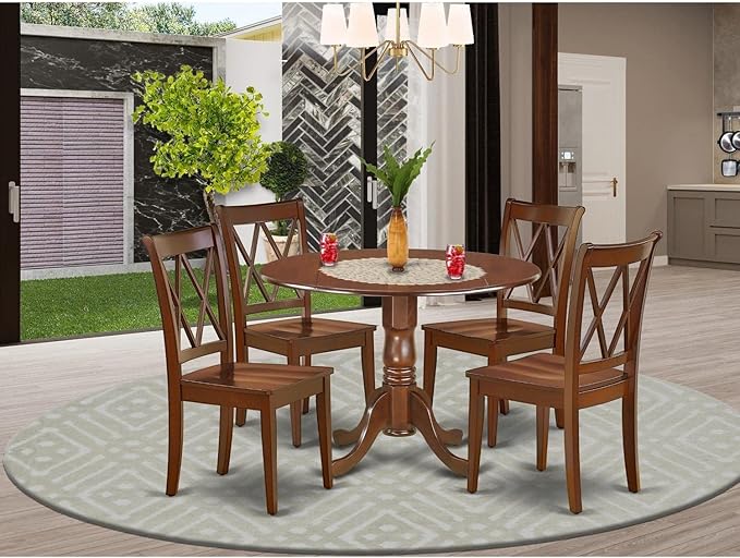 East West Furniture DLCL5-MAH-W 5 Piece Dining Room Table Set Includes a Round Dining Table with Dropleaf and 4 Wood Seat Chairs, 42x42 Inch, Mahogany