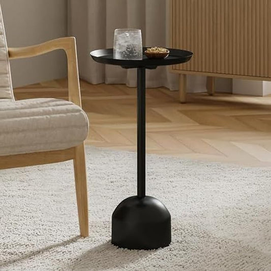 Round Metal Drink Table, Pedestal Drink Desk, Modern Home, Bedroom, and Living Room Furniture, Small Metal Side Table with Dome Base and Beveled Top, Beverage Desk (Black)