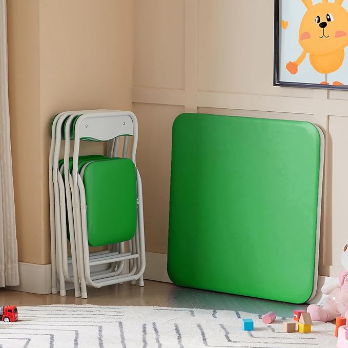 VECELO Kids Folding Activity Table and Chairs 5 Pcs Set, Portable, with Ultra Soft Padded Cushion, Green