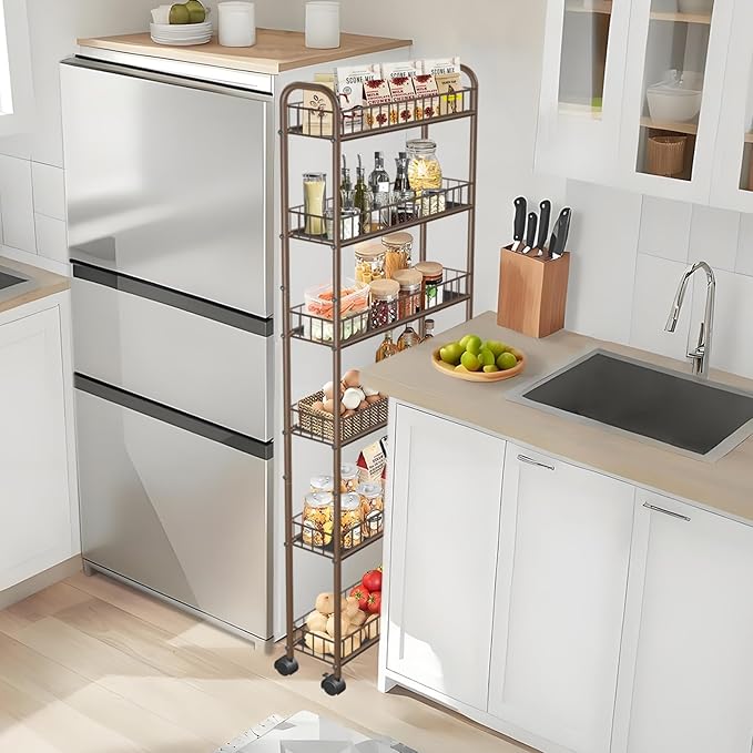 6-Tier Slim Storage Cart with Wheels, 6in Narrow Rolling Shelf,Sturdy Slim Storage Ideal for Kitchen, Bathroom, and Laundry Room,Champagne Gold