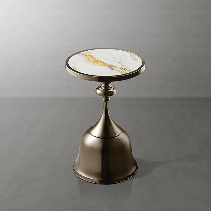 HOMES: Inside + Out Halric Modern 24" Tall Round End Table with Decorated Tabletop and Iron Metal Base, Accent Furniture, Elegant Pedestal Stand for Living Room, Home Office, Antique Brass