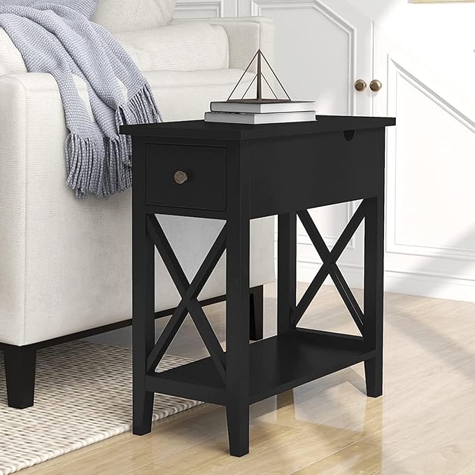 ChooChoo End Table Set of 2, Flip Top Narrow End Table with Drawer, Accent Small Side Table Nightstand for Living Room, Bedroom, and Small Spaces，Blcak