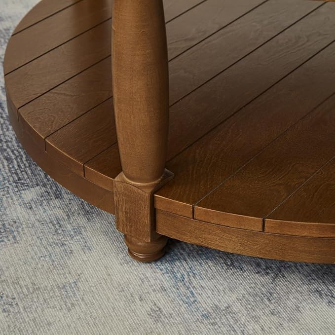 24KF Upholstered Round Coffee Table with Wooden Shelf, Tufted Button Large Round Ottoman with Spindle Wooden Legs, Linen Large Footrest Ottoman Pouf for Living Room, Navy Blue